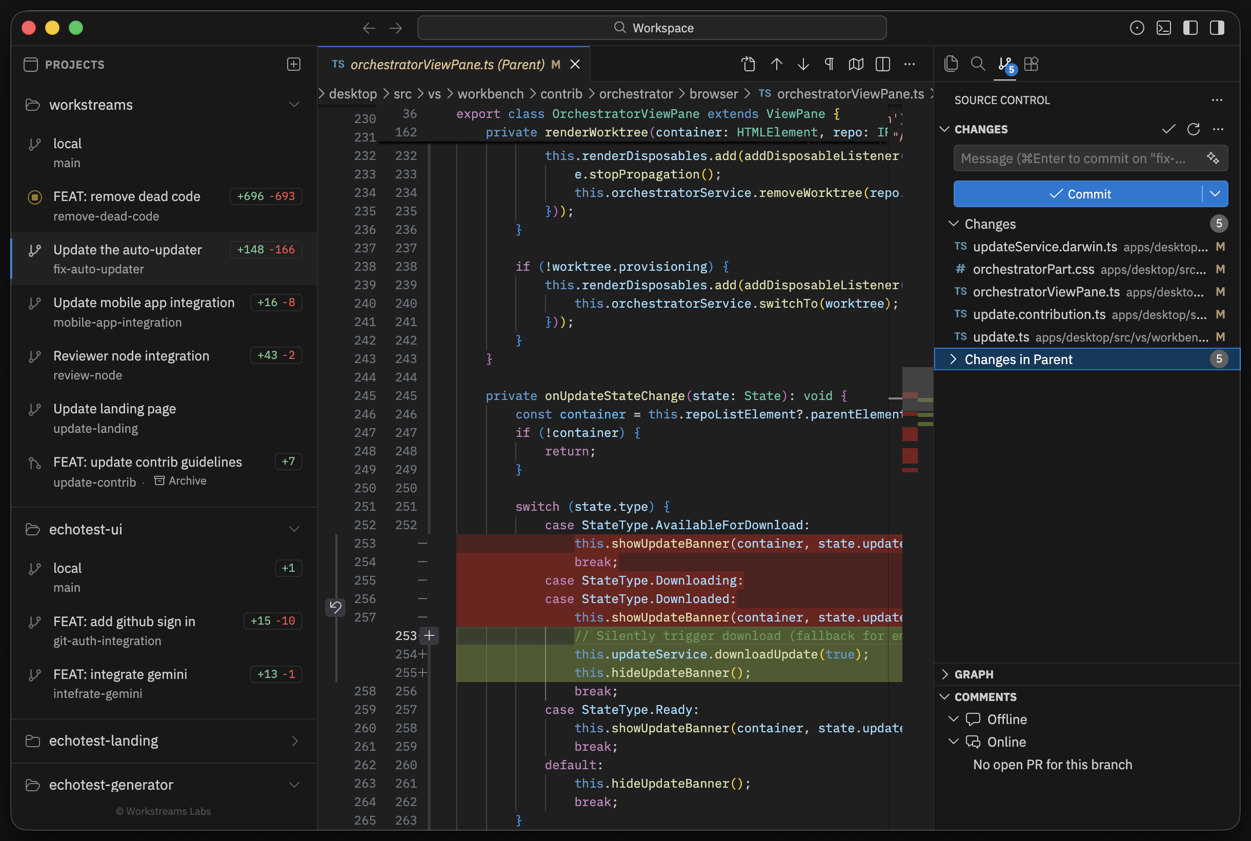 Isolated worktrees with split diff view