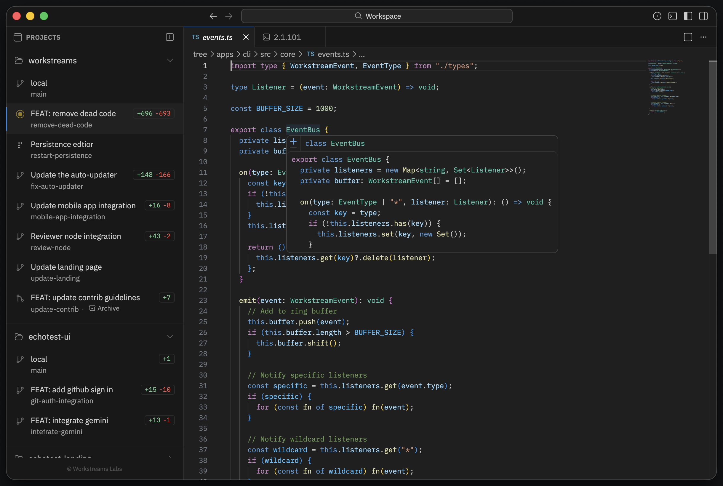 LSP-integrated editor with syntax highlighting and autocomplete