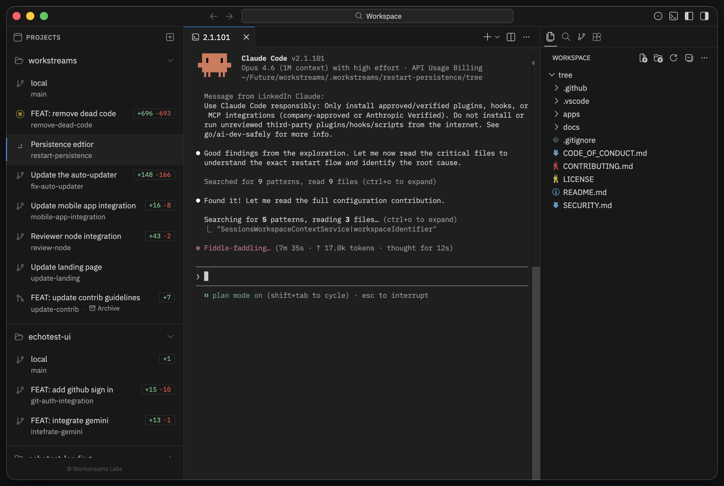 Workstreams session view